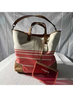 Coach F28806 Hadley Coral Canvas Stripe Tan Leather Tote Bag Purse